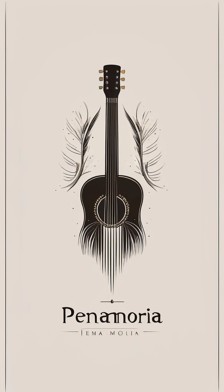 A minimal, modern, simple, cinematic logotype for the brand “Penamemoria". The logotype must be a simple, magical feather and a boy playing acoustic guitar. The logo must convey a sense of music, stories and dreams. Logo design impressed on a book cover. Minimalistic logo
