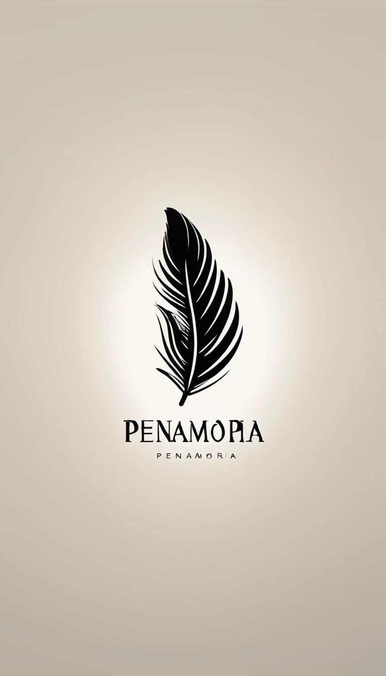 A minimal, modern, simple, cinematic logotype for the brand “Penamemoria". The logotype must be a simple, magical feather and a boy playing acoustic guitar. The logo must convey a sense of music, stories and dreams. Logo design impressed on a book cover. Minimalistic logo