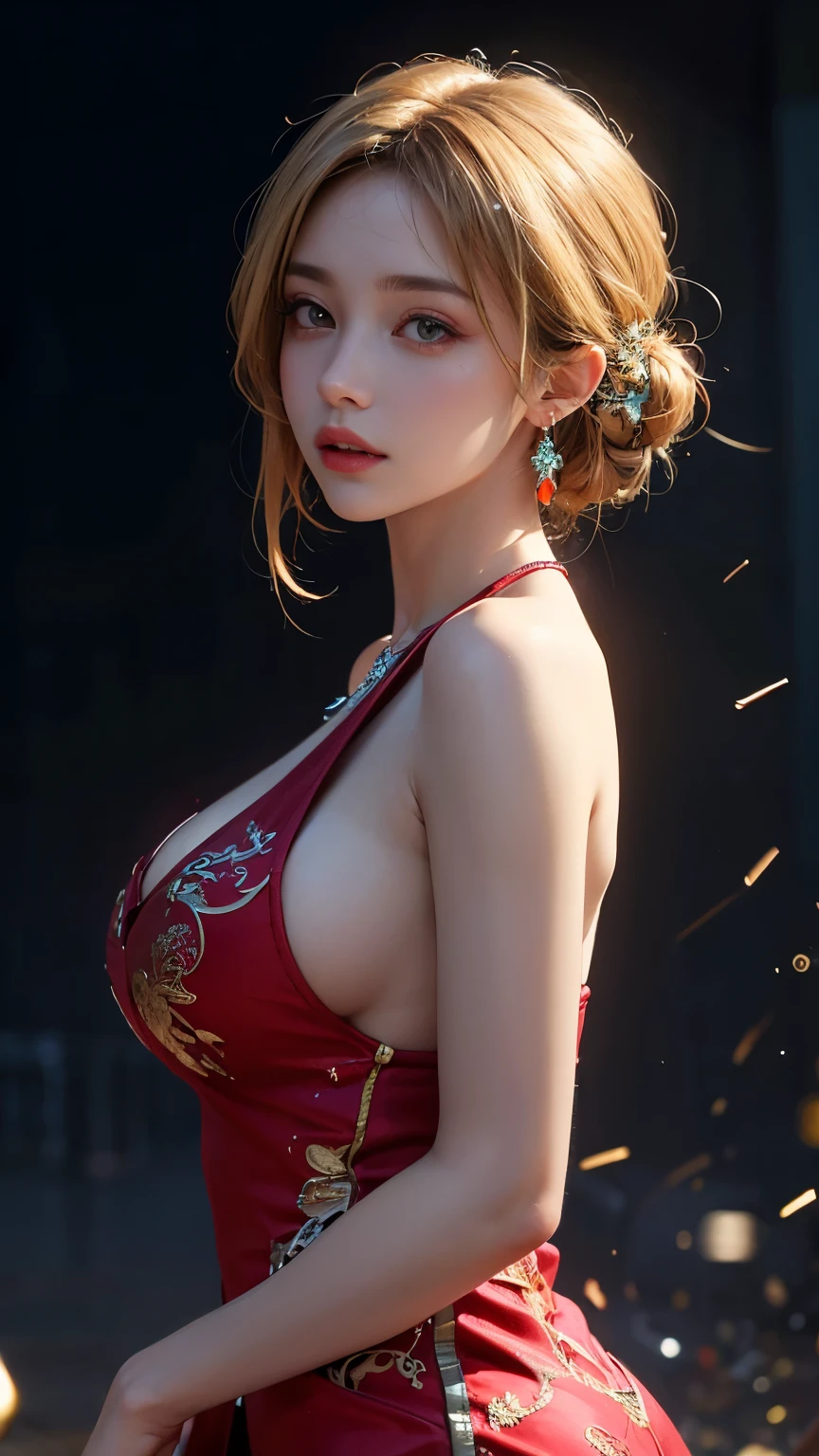 最high quality, masterpiece, High resolution, One girl,China dress,hair ornaments,necklace, jewelry,Beautiful Face,On top of that_body, Tyndall effect,Realistic, Dark studio, Rim Light, Two-tone lighting,(Skin with attention to detail, big bouncing bust:1.2), 8K Ultra HD, Digital SLR, Soft lighting, high quality, Volumetric lighting, Frank, photograph, High resolution, 4K, 8k, Bokeh, Blonde,  