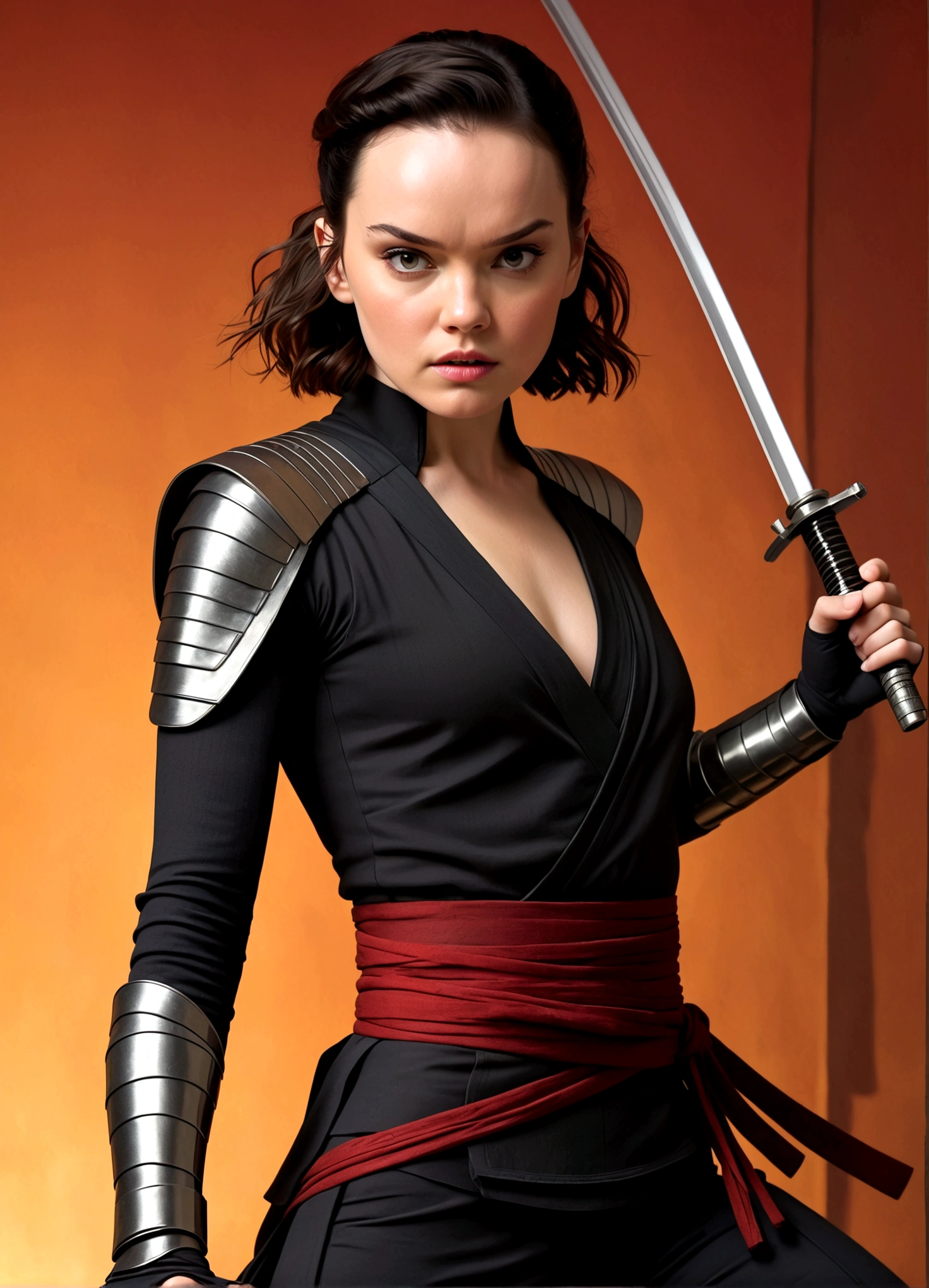 Daisy Ridley age 25, sexy ninja outfit (over exposed, safe for work), dramatic pose, ninja weapons, sneaking up on her target in his bedroom, show her entire body
