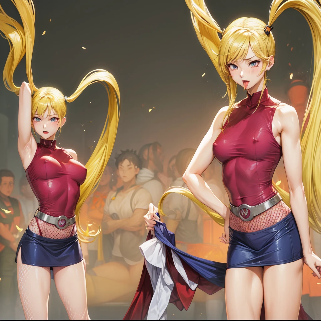 3A Japanese girl with blonde twintails、Female Combatant、Close-up of a girl wearing a red tank top、Purple Skirt、White panties、Black fishnet stockings、Black shiny boots、Saiyan Girl, wonderful, Nano Girl, Female body type, Inspired by Hiromu Arakawa, Anime Manga Robot!! Anime Girls, Fubuki, Full Body Suit, by Hiromu Arakawa、wonderful, silk, Beautiful and attractive anime , Anime Girls of the future, tears,Drooling,Pee,Sweat,Tongue out,incontinence,Peeing、Estrus、Eyes wide open,Estrus,Blushing,Nipples are erect,Face is hot、Lust、incontinence、Armpit Hair、pubic hair、Nipples are erect、Red lips、Red tongue、Sticking out tongue、Her skirt is flipped up、Panty shot、White pantiesが見えている!、全身Sweatまみれ、wet