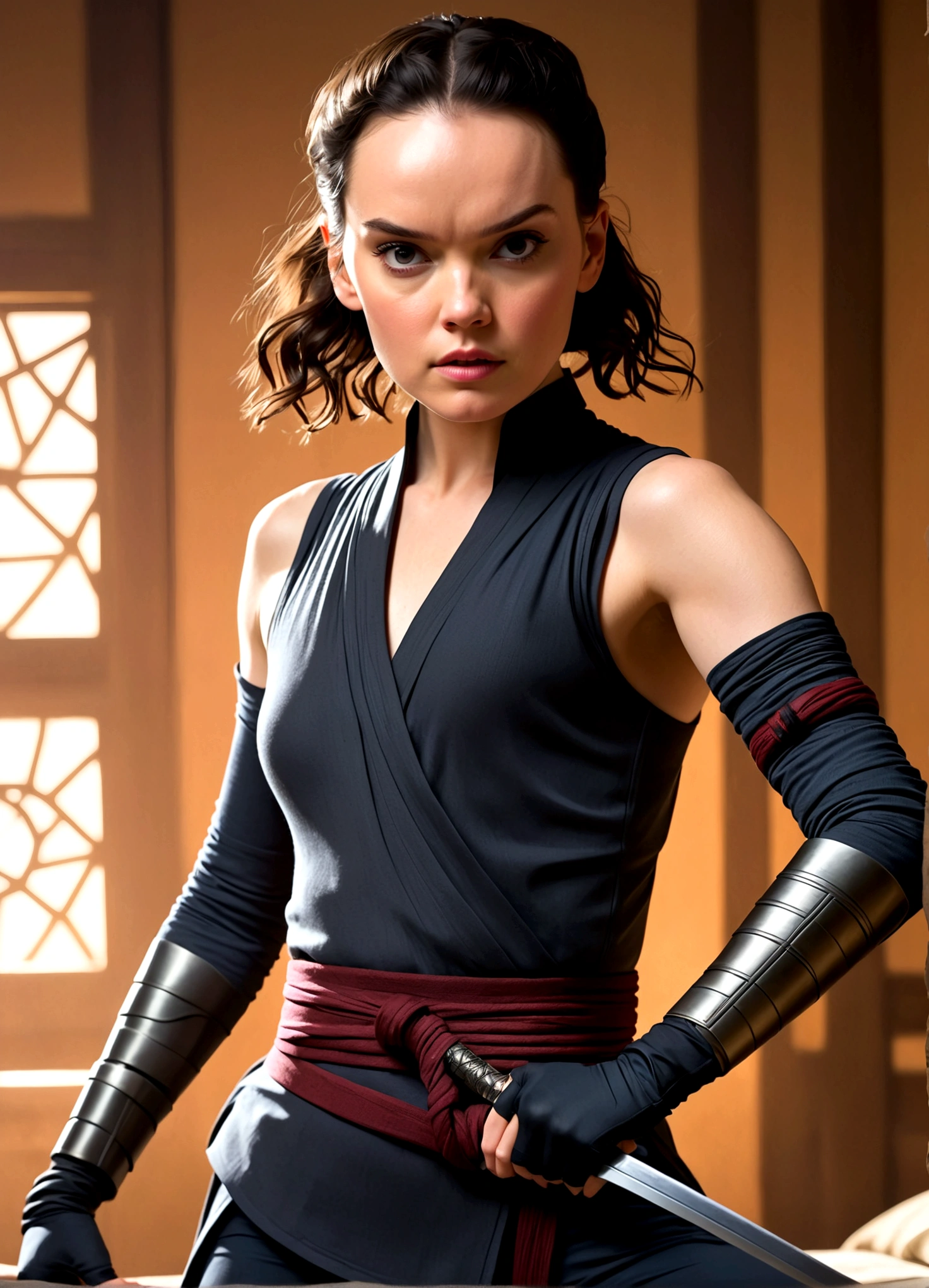 Daisy Ridley age 25, sexy ninja outfit (over exposed, safe for work), dramatic pose, ninja weapons, sneaking up on her target in his bedroom, show her entire body