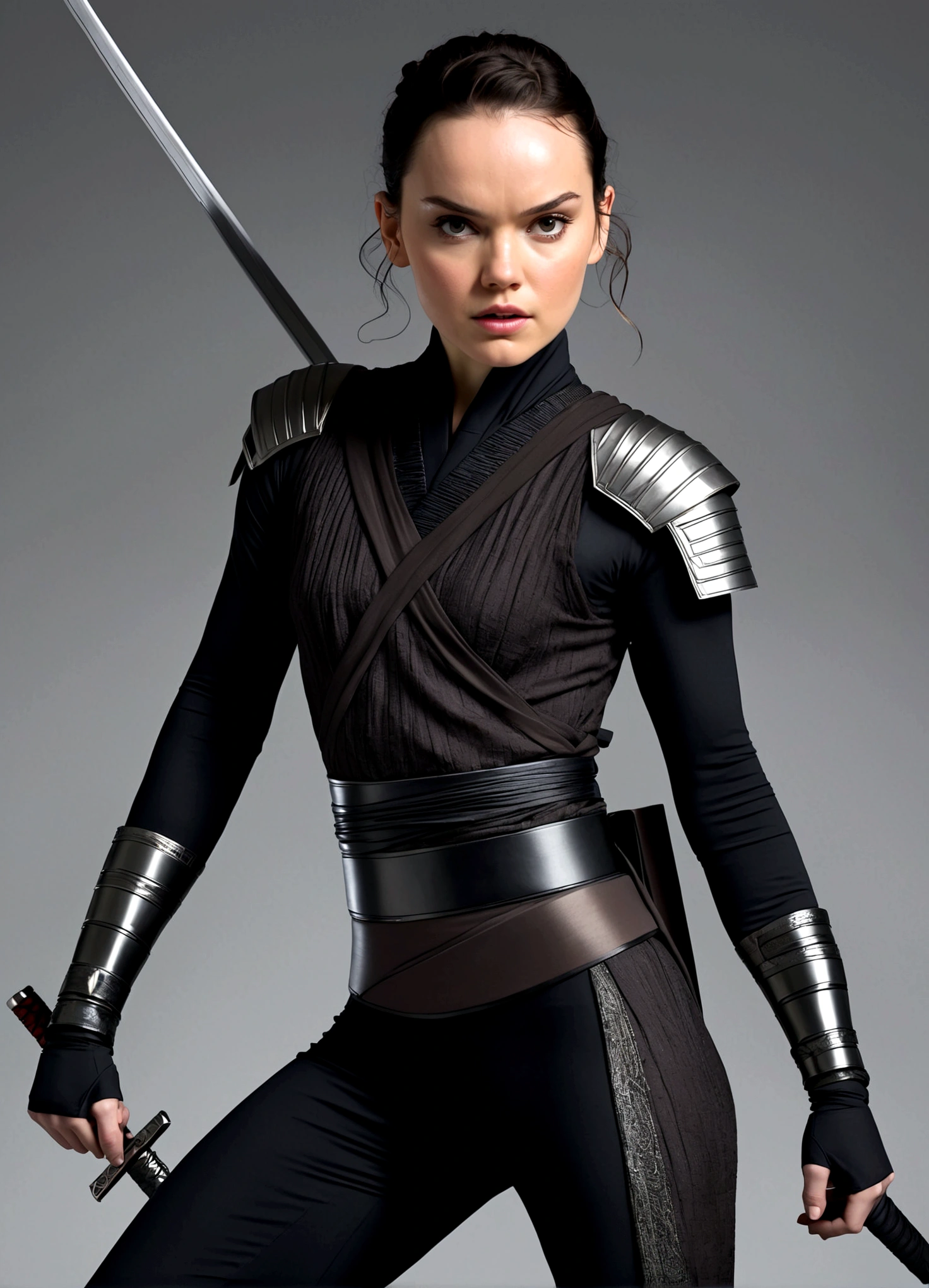 Daisy Ridley age 25, sexy ninja outfit (over exposed, safe for work), dramatic pose, ninja weapons, sneaking up on her target in his bedroom, show her entire body