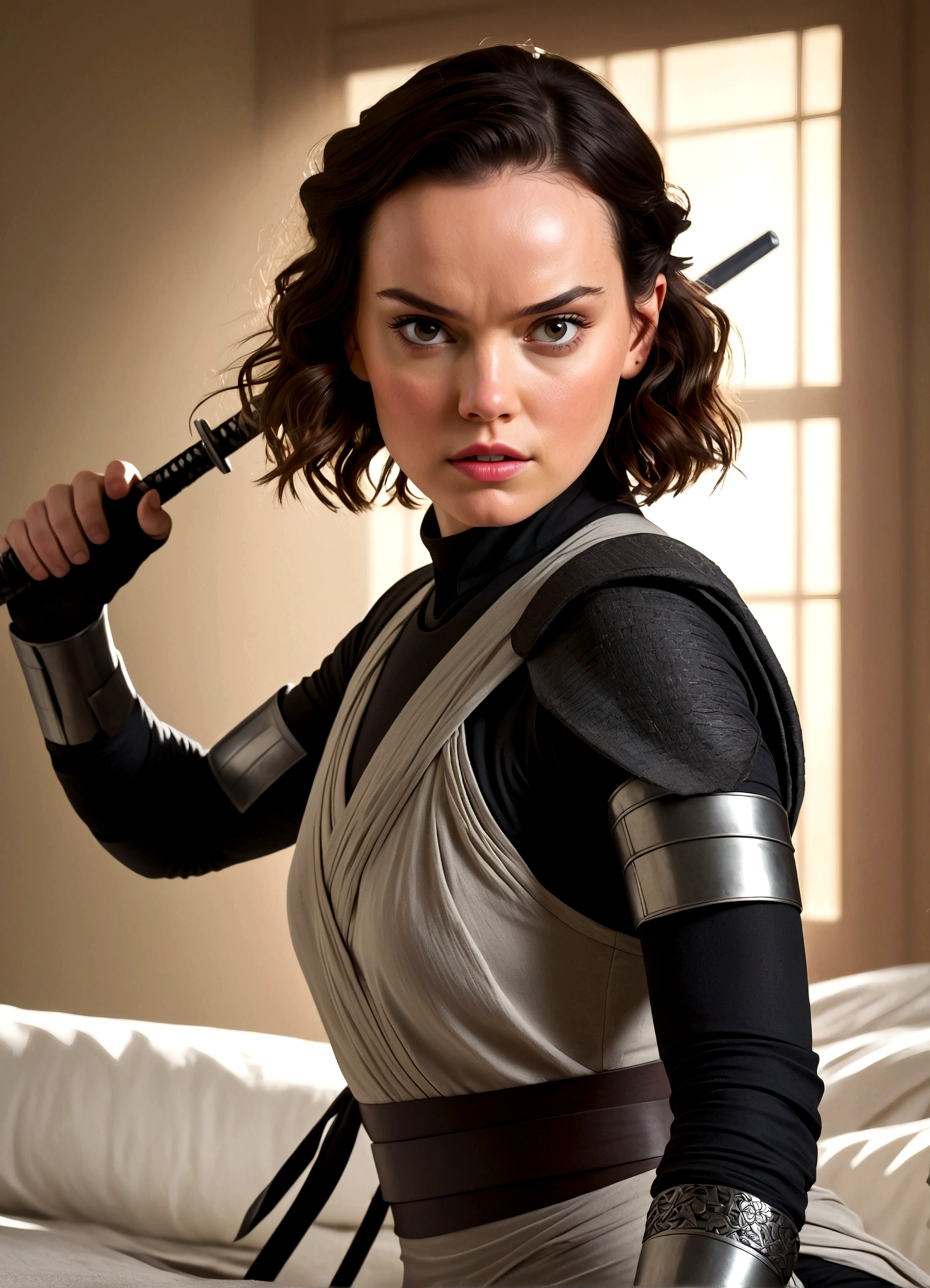 Daisy Ridley age 25, sexy ninja outfit (over exposed, safe for work), dramatic pose, ninja weapons, sneaking up on her target in his bedroom, show her entire body