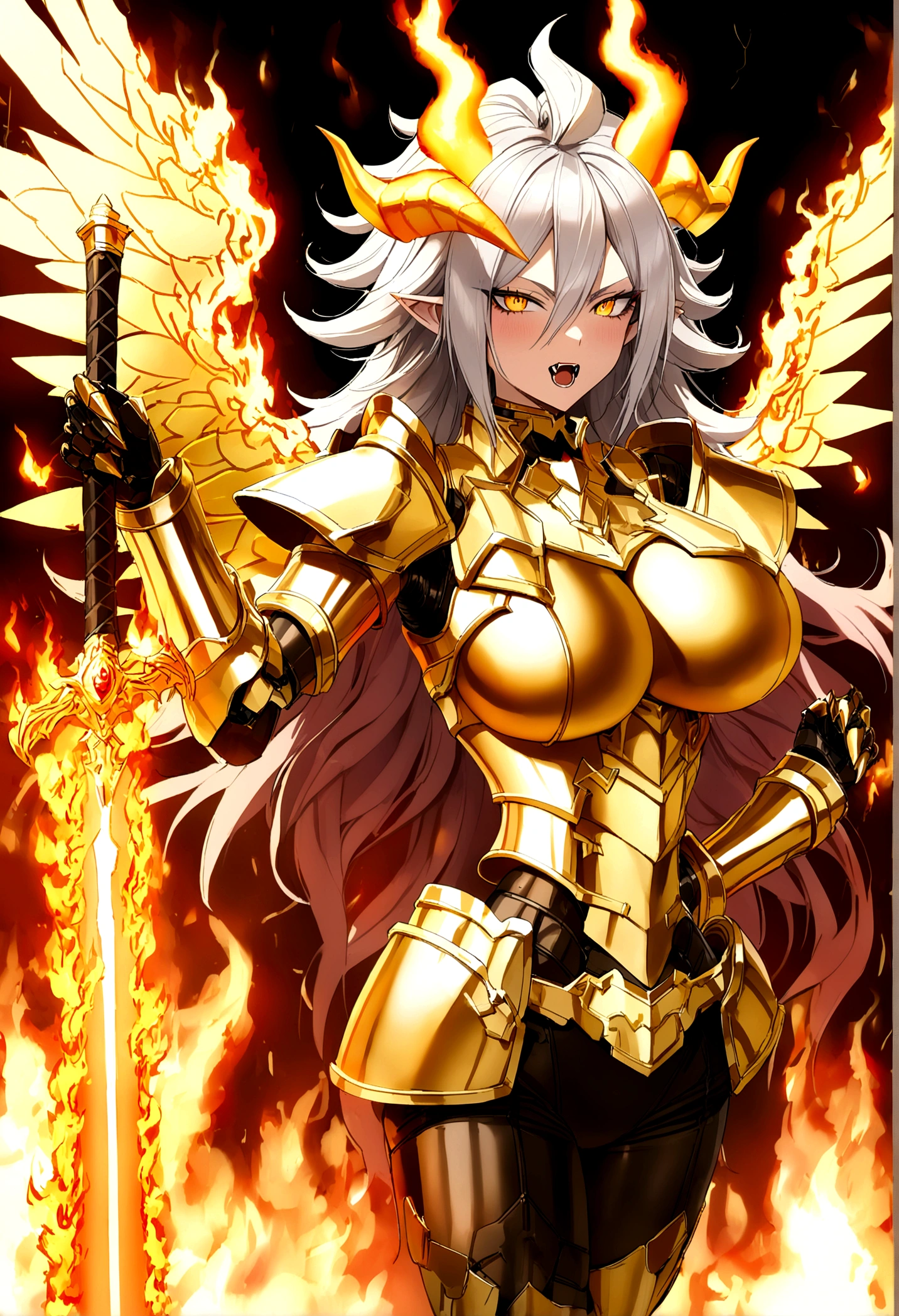 ((Lightning Power)), ((Electricity)), ((Fire Background)), ((Lightning Storm)), ((Power Erupting)),((((android 21 Evil)))), (((white Coat))), (((Busty))), (((((Big breast:1,3)))), luxury bustier corset, (((silver hair))), (((Very slim waist))), propotional body, ((Gorgeous)), (((gold wings))), masterpiece, hyperdetail, ambient effect, digital effect, (((Fangs))), (((FIRE SWORD)), (((Lightning Sword))), (((Fire Gold Armor))), (((Lightning Gold Wings))), (((Fire Blazing Horns)))
