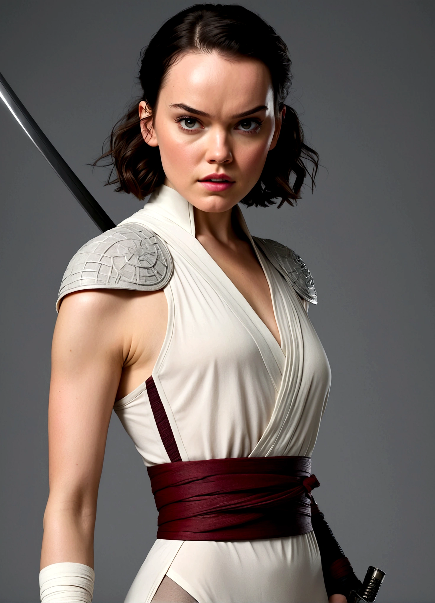 Daisy Ridley age 25, sexy ninja outfit (over exposed, safe for work), dramatic pose, ninja weapons, sneaking up on her target in his bedroom, show her entire body
