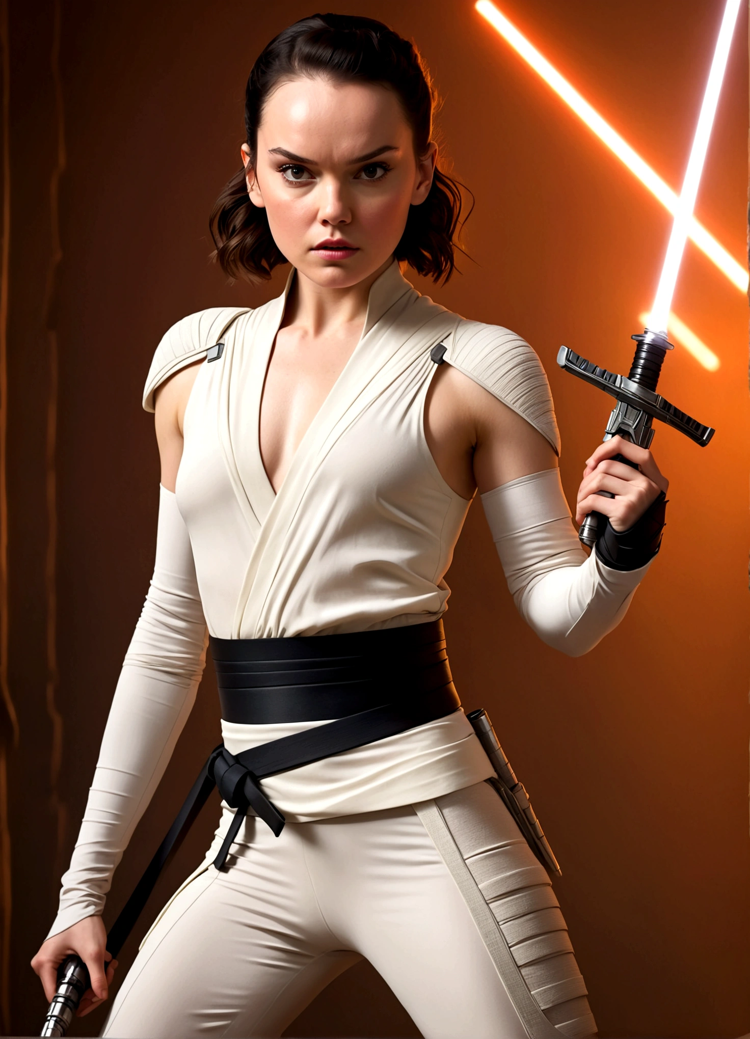 Daisy Ridley age 25, sexy ninja outfit (over exposed, safe for work), dramatic pose, ninja weapons, sneaking up on her target in his bedroom, show her entire body