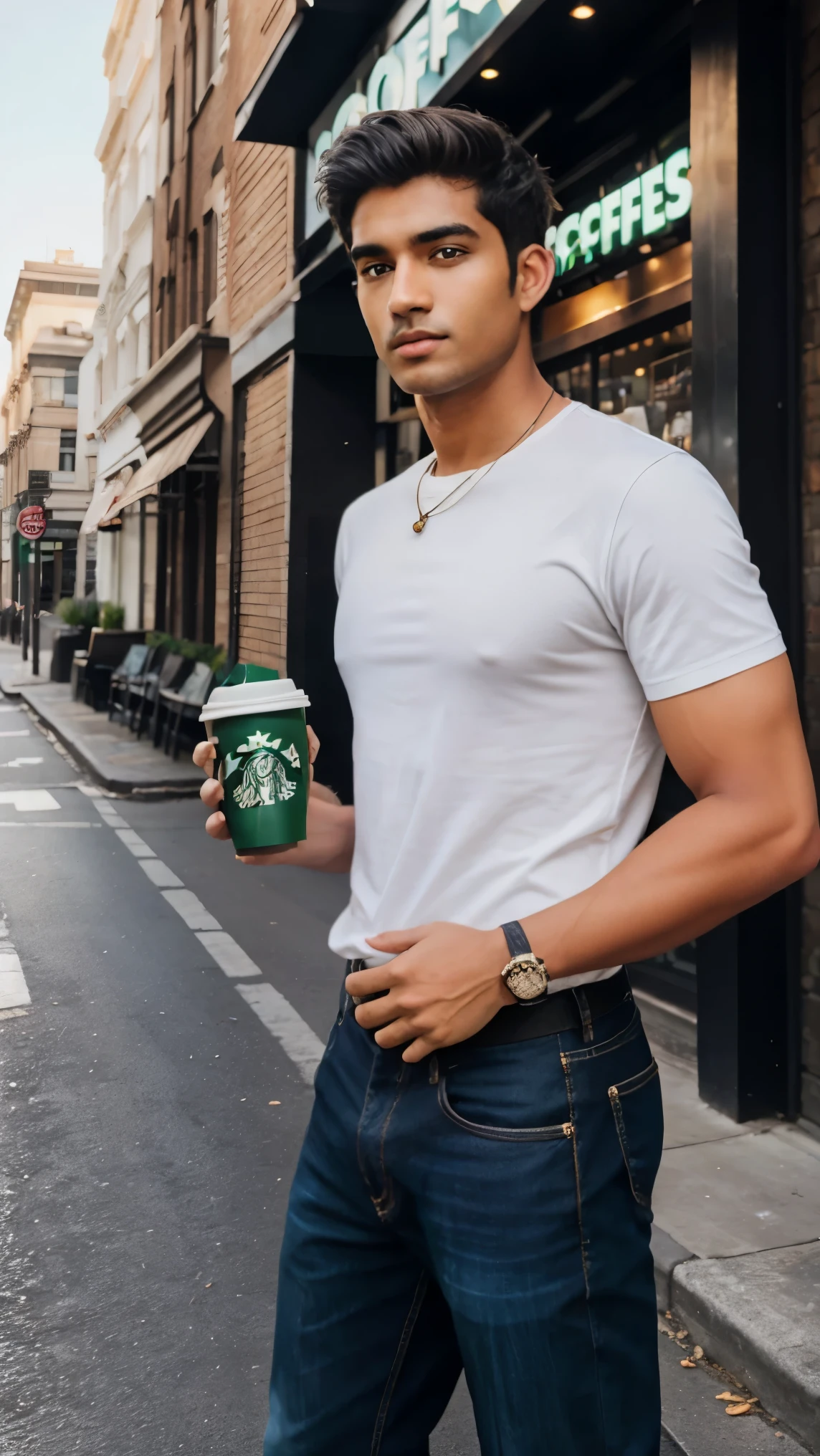 A 22 year old man standing on street road with Starbucks coffee most handsome man with perfect face and perfect body physece 