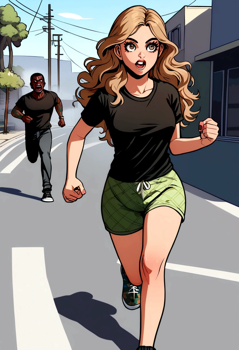 Les zombies de GTA V, Brown, long wavy hair, deep brown eyes, girl, black t-shirt running, style GTA