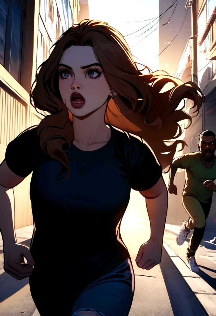 Les zombies de GTA V, Brown, long wavy hair, deep brown eyes, girl, black t-shirt running, style GTA
