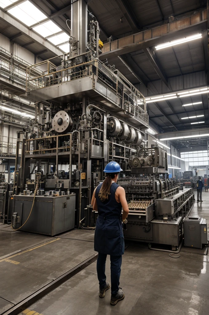 A stunning, realistic image of a heavy industrial machine in full operation within a bustling factory. The machine, with its shiny, metallic surface and complex mechanical structure, is designed for producing chips packets.and packets of chips coming out from machine,and a beautiful woman collecting chips from machine,there are additional machines and workers in protective gear, all contributing to the production process. The ambiance is a blend of industriousness, efficiency, and the hum of mechanical activity.