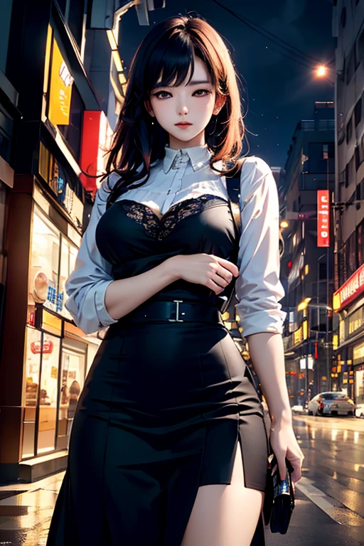 (SFW:1.5)((Highest quality)), ((masterpiece)), (Cinematic aesthetic:1.4) Beautiful Korean fashion model photo bokeh city night