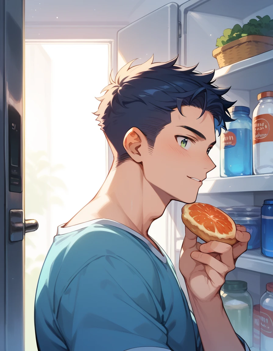 (score_9,score_8_up,score_7_up,score_6_up,score_5_up,score_4_up), best quality, best lighting, high-definition background, 1 boy is 16 yo, muscled, wear pajama, ((midnight)), look for some food in refrigerator, not quite awake, dim