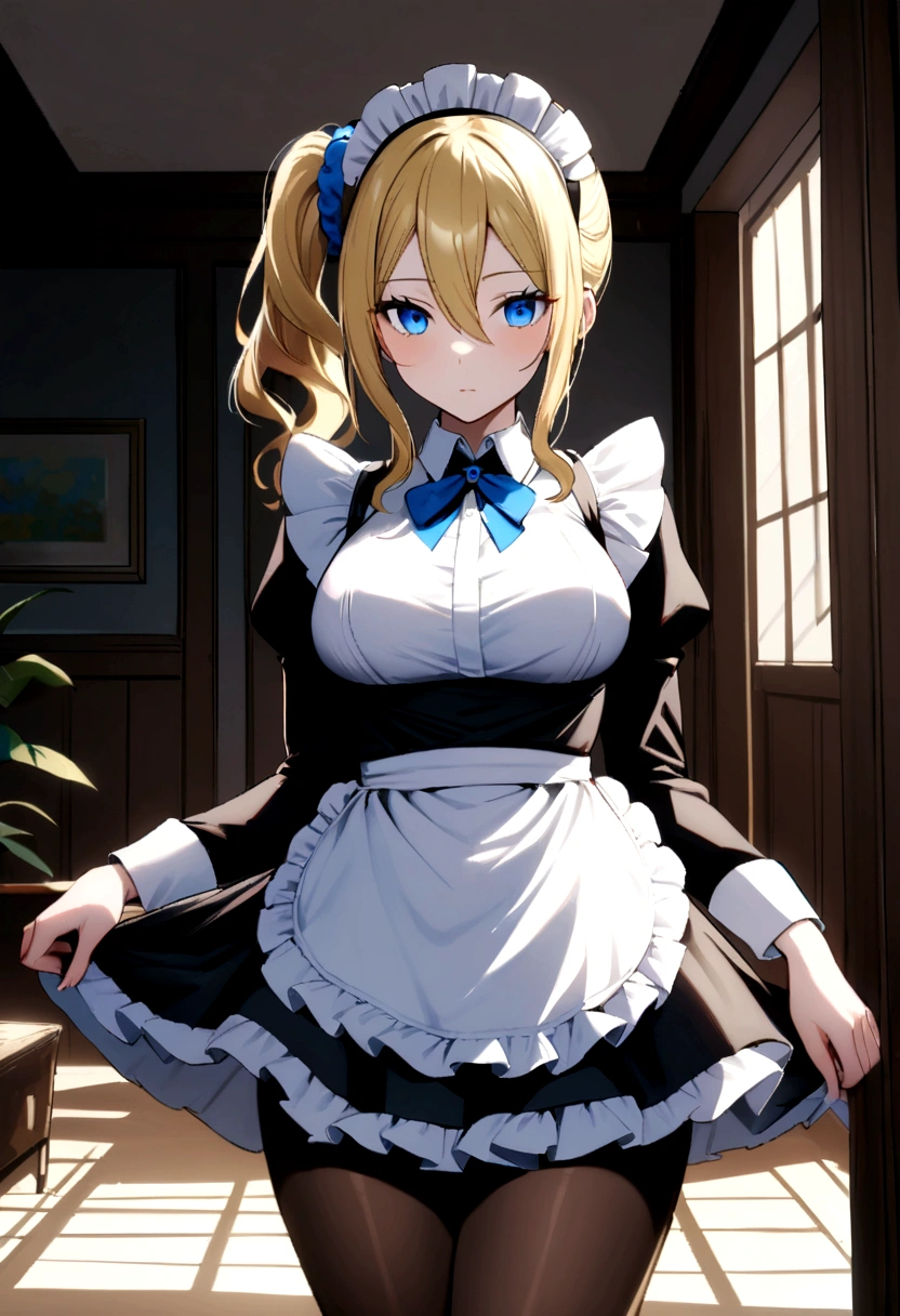 masterpeace, best quality, highres, 1girl, hayasaka ai, solo, blonde hair, maid, blue eyes, side ponytail, hair scrunchie, hair ornament, blue scrunchie, maid headdress, apron, hair between eyes, breasts, long sleeves, bangs, white shirt, black dress, sidelocks, maid apron, black pantyhose, cowboy shot,