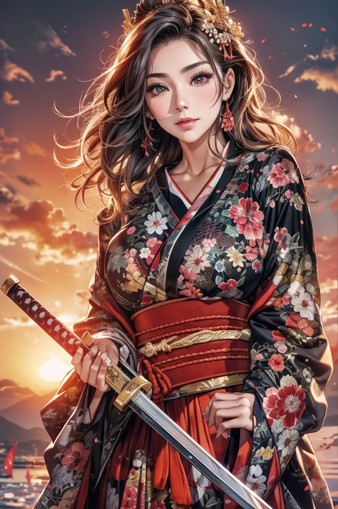 He holds a long Japanese sword in his right hand.、Beautiful 40 year old Japanese woman、A cool smile、Gorgeous black and red kimono、Gorgeous floral patterned kimono、Beautiful sunset、The sunset is dazzling、Slit eyes、Realistic eyes、Realistic eyes、A Japanese sword shines in the setting sun、Make your breasts bigger、Hold the Japan sword with your right hand、The right hand grip is correct、Place your left hand on your hip