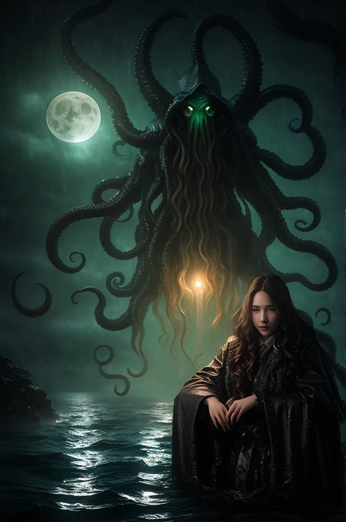 Cthulhu、night、Ocean、rain、Cloudy、Reality、high resolution、Lovecraft、Horror、paranormal phenomena、dark、Tentacles、The Terror of the Universe、Insanity、myth、コズミックHorror、moon、Realistic photos、Giant monster