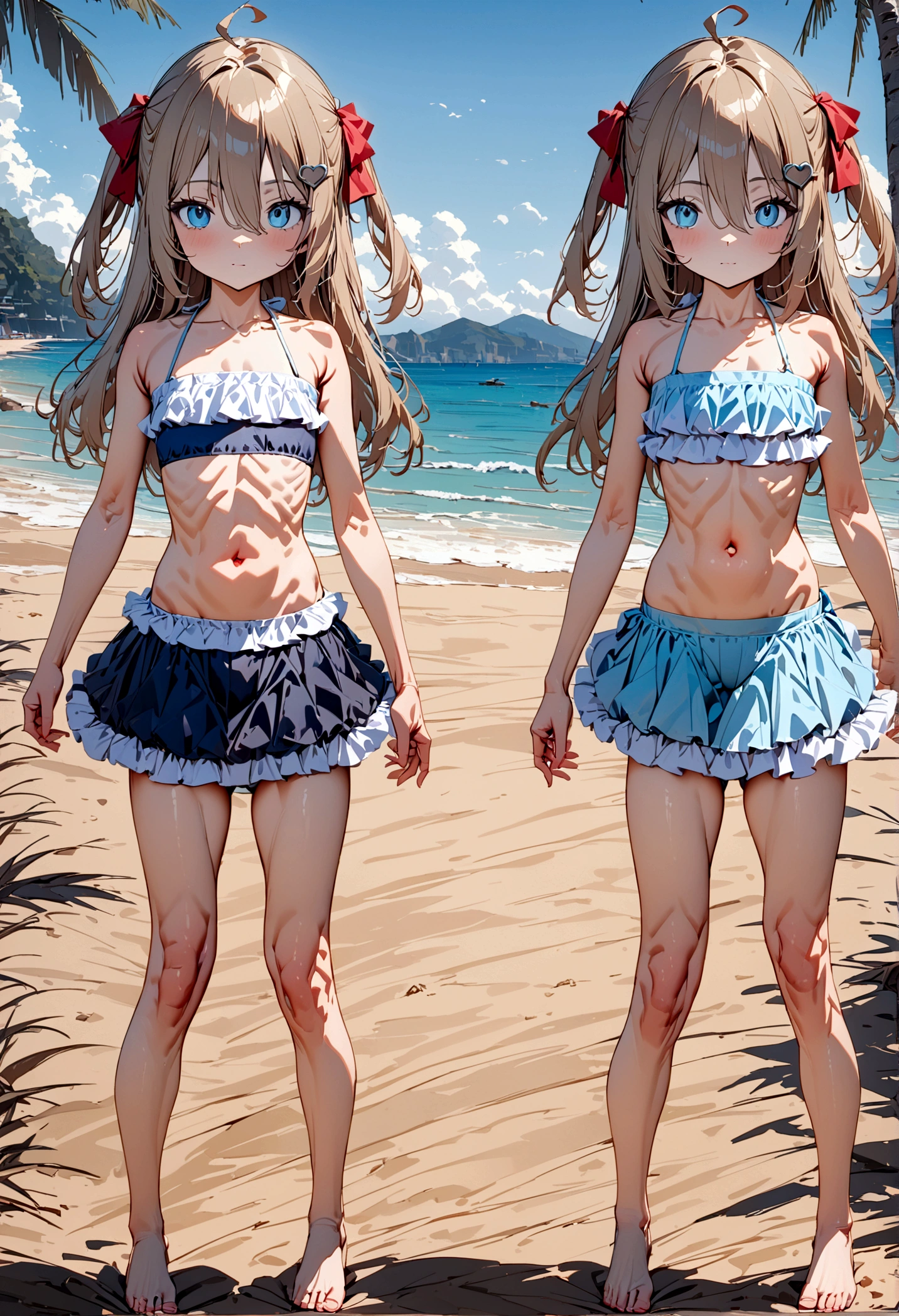 (masterpiece), (ultra-detailed), best quality, 8k,neuro-sama,flat chest,fullbody,frilly bikini skirt, blue bikini,frilly bikini top,standing straight,toned stomach,beach,smiling,1girl