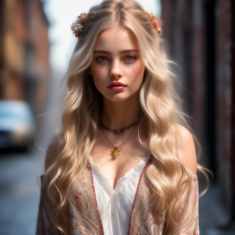 ultra realistic 8k cg, masterpiece, ((ultra detailed background, delicate pattern, intricate detail)), best quality, intricate details, chromatic aberration, 1girl, long hair, golden hair, messy hair, red highlights, hair over one eye, sharp eyes, choker, brick wall, graffiti, dim lighting, alley, oversized shirt,off shoulder, see through white shirt, Masterpiece, best quality