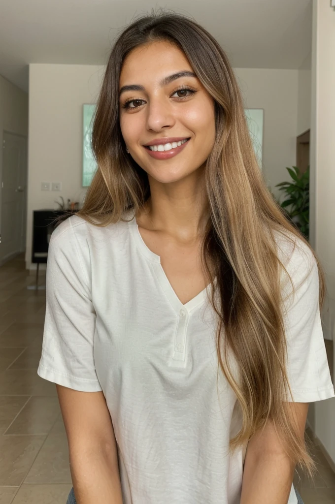24YO, one attractive Jordanian women, cute smile, white teethes, skinny face, green shirt, light brown eyes, small nose, black/blonde long hair
