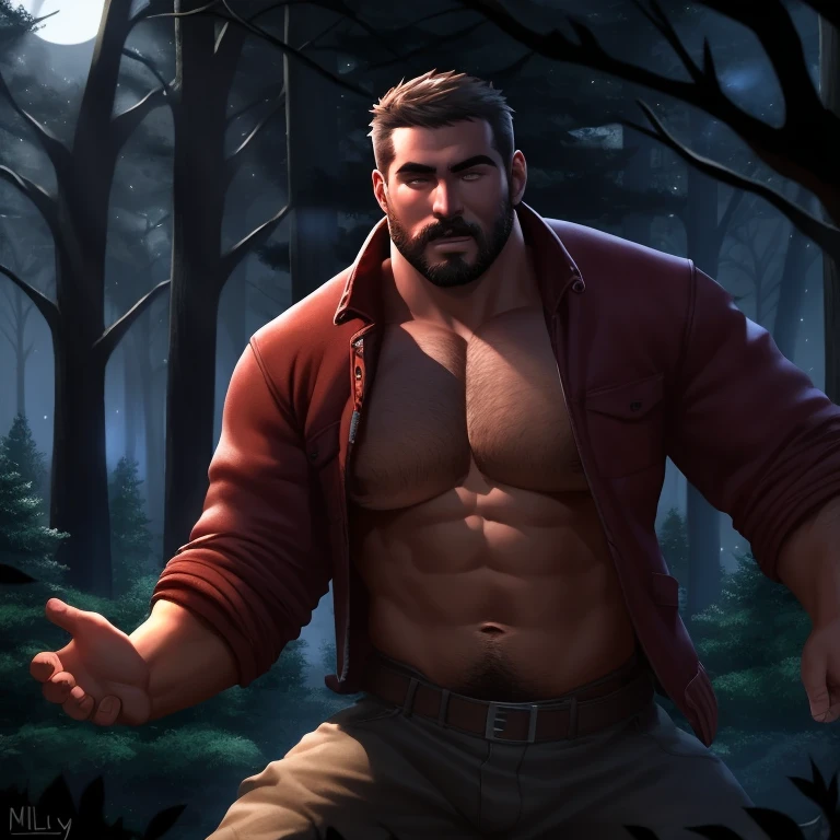 a male (Human) lumberjack in a forest at night under a full moon, detailed facial features, muscular build, rugged facial features, tattered clothes, leaves and branches, moonlit forest, realistic skin texture, dynamic pose, dramatic lighting,Red Lumberjack jacket, Burly, 