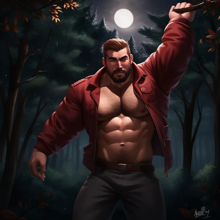 a male (Human) lumberjack in a forest at night under a full moon, detailed facial features, muscular build, rugged facial features, tattered clothes, leaves and branches, moonlit forest, realistic skin texture, dynamic pose, dramatic lighting,Red Lumberjack jacket, Burly, 