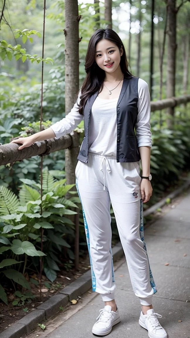 masterpiece, best quality, Surreal, Ultra Detailed, 8k resolution, RAW photos, Clear focus,Beautiful Korean woman, 36 inch chest size, Smile, Wearing a patterned vest, necklace,Long sweatpants,Full body posture, White shoes,Solitary, Perfect body, Become a,(a charming smile:1), (sexy pose),(A girl in the forest),