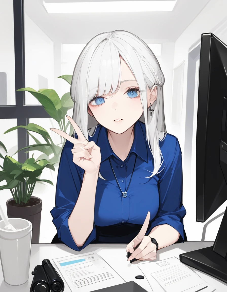 score_9,score_8_climb,score_7_climb,score_6_climb,score_5_climb, ,, hd5,or_Mizuki,1 girl,office woman, Double V, I unpacked.,white hair,blue eyes,thin,holding a silencer pistol