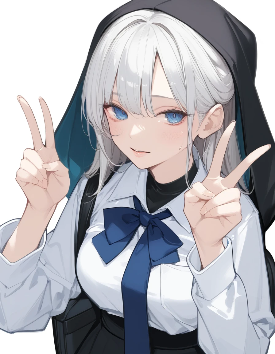 score_9,score_8_climb,score_7_climb,score_6_climb,score_5_climb, ,, hd5,or_Mizuki,1 girl,office woman, Double V, I unpacked.,white hair,blue eyes,thin,holding a silencer pistol