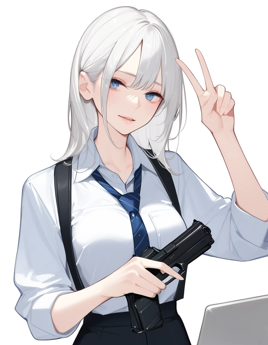 score_9,score_8_climb,score_7_climb,score_6_climb,score_5_climb, ,, hd5,or_Mizuki,1 girl,office woman, Double V, I unpacked.,white hair,blue eyes,thin,holding a silencer pistol