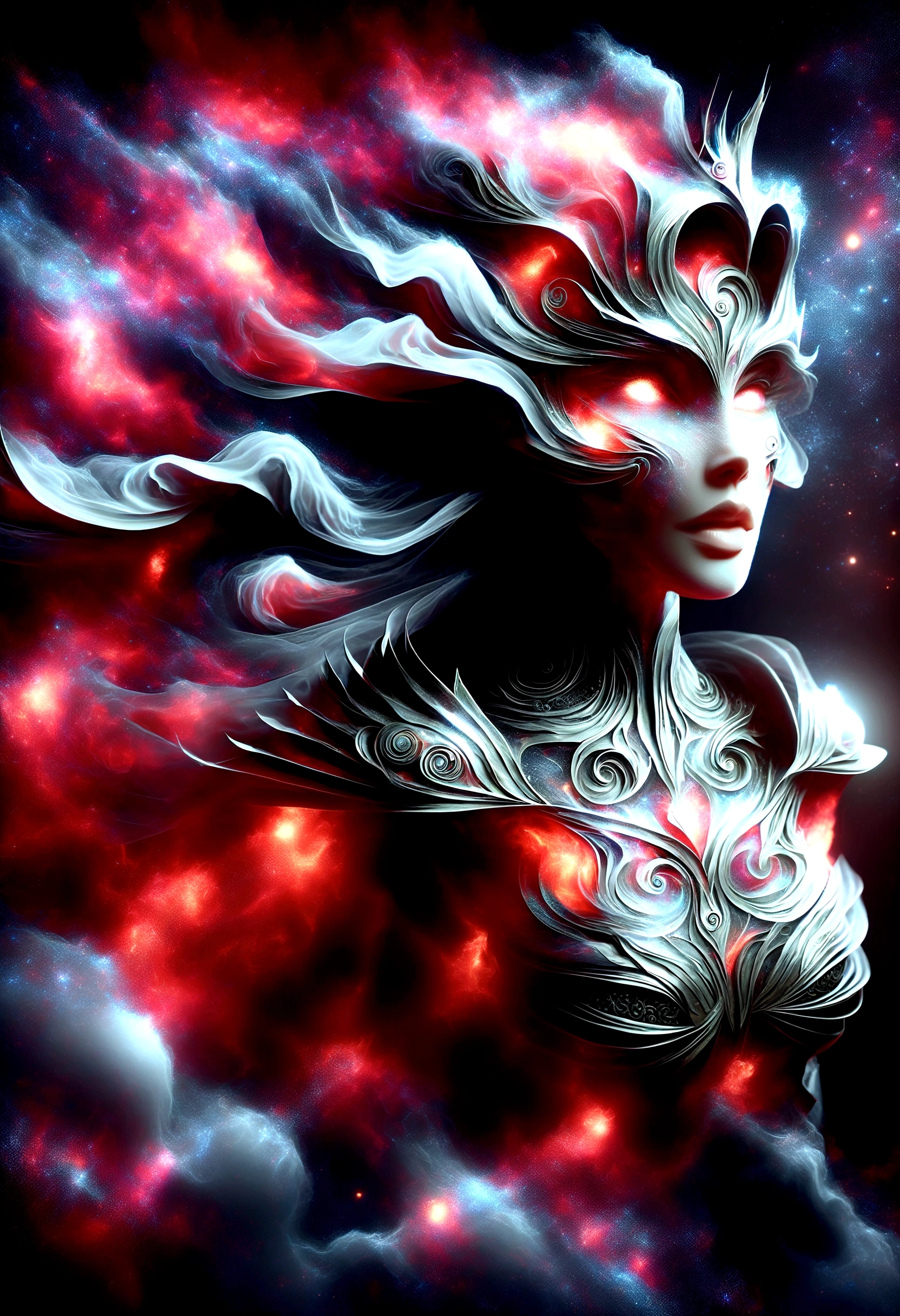 masterpiece, best quality, 1girl, mature female, large breasts, armor, breastplate, leggings armor, hood, black ripped cloak, silver hair, Glowing eyes, slva_wndrnner, close up, potrait photo, half body photoshot, holding arrow, dark sky background, detailed background, moon, dynamic angle,