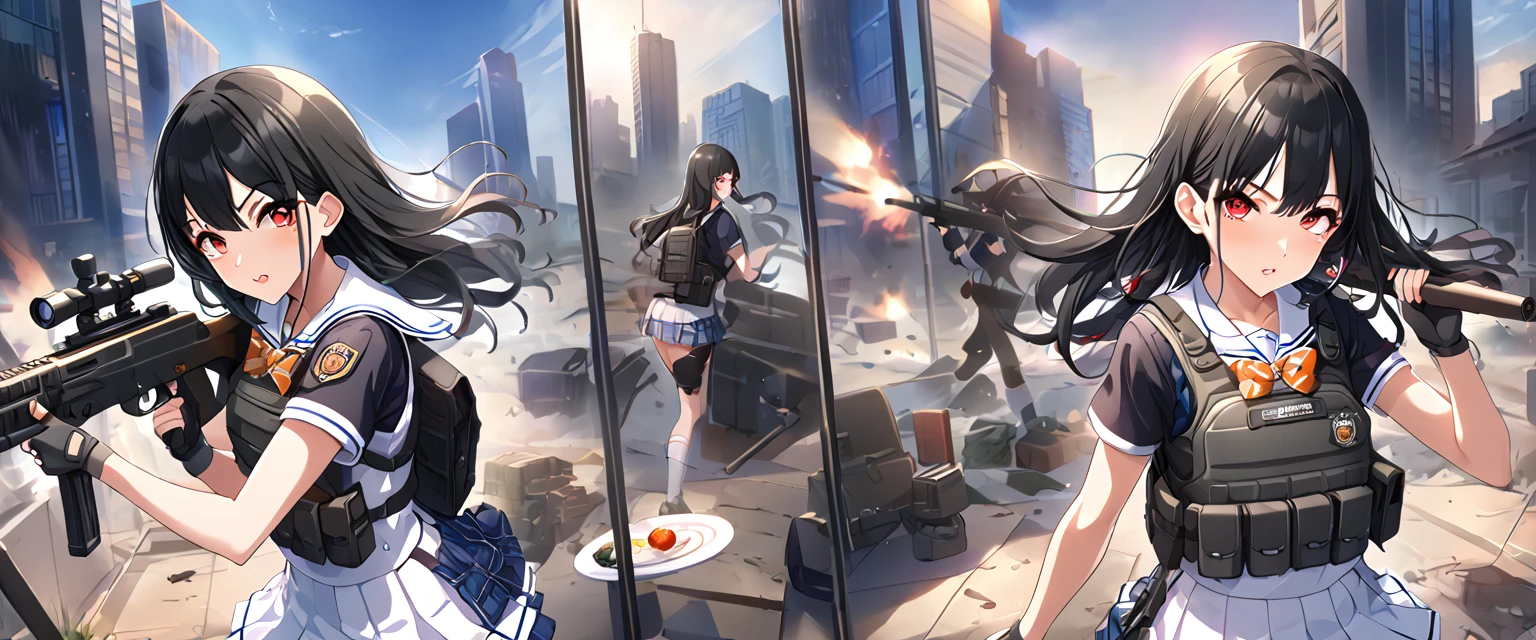 (Perfect Anatomy)、Mastepiece、Ultra High Quality、 8K、masterpiece、Highest quality、Ultra-high resolution、Maximum resolution、Very detailed、Professional Lighting、anime、woman、thin、so beautiful、2girl, Highly detailed eye、Draw the whole body、high school girl、blazer、Equipped with an assault rifle、Red Eye、Black Hair、fingerless gloves、Equipped with a plate carrier, break, Highly detailed eye、high school girl、White Sailor Suit、White knee-high socks、Equipped with a sniper rifle、Red Eye、Black Hair、Long hangerless gloves、Tactical Boots、Equipped with transparent orange shooting goggles
