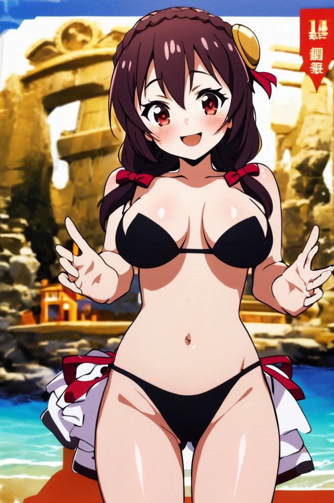 (masterpiece, Highest quality), One girl,    Yunyun,Long Hair,Braiding,Twin tails,Hair between the eyes,Red hair ribbon,hair ornaments,large round breasts,、Black Hair、Red Eyes、(A happy smile:1.2)、Seaside、Crown Blade、cowboy shot、(blush:1.2)、(Black Bikini)