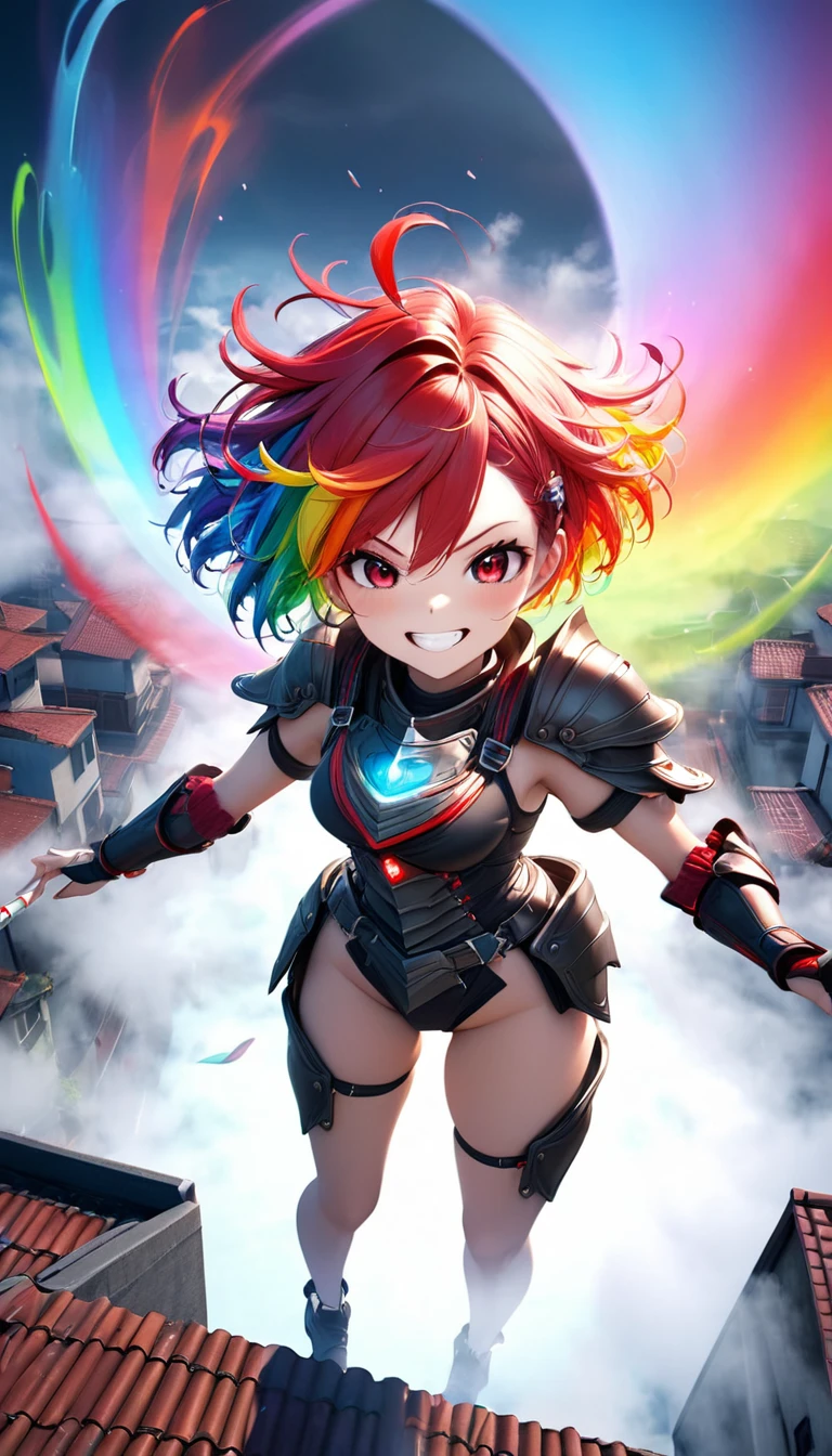 From above, Highest quality, Highest quality, 16K, Unbelievably absurd, Very detailed, 3D, delicate and dynamic, Ruthless, Cool and beautiful female warrior, Shining Rainbow Perspective, Rainbow colored messy wavy short hair, Captivating look, Excited expression, Teasing Smile, Grin, Mischievous Smile, Heavy Armor,Ominous Aura Swirl Effect, Background Rooftop , Big Red Full Moon, Exposed Steel, Flying glass, spark, cigarette, fog, Spooky atmosphere colors, Slow-motion effect, Dark fantasy