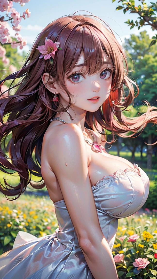 (Masterpiece, BestQuality:1.3), (ultra detailed:1.2), (hyperrealistic:1.3), (RAW photo:1.2), High detail RAW color photo, professional photograph, (Photorealistic:1.4), (realistic:1.4), professional lighting, perfect anatomy, (Big Breasts:1.2), (blush, detailed face), (cheerful Smile:1.5), Trending Hair&Trending Hairカラーをランダムに, earrings, necklace, bracelet, sexy, erotic sexy, Random sexy gravure poses, (A sexy beauty in a white dress、She is posing for a sexy photo shoot in a flower field with her hair blowing in the wind.。Pink long curly hair。:1.3)