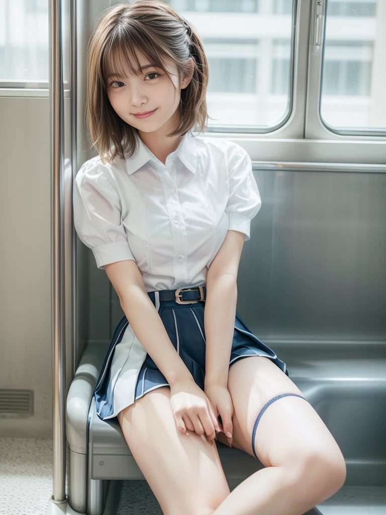 Highest quality,Very detailed,masterpiece,Realistic,Photorealistic,Bright lighting,1 Girl, Very beautiful 17 year old girl, (cute:1.2),A faint smile, (Brown eyes),(Light brown hair),(bangs),Perfect glowing skin,Perfect Skin,((erotic,Sexy and sexually explicit)),((Accurate needles without discord)), Big and ample breasts,Big breasts and small waist, Pay attention to your audience,,((Short sleeve uniform white shirt)),(Mini pleated skirt in blue),(((スカートをLift it yourself))),(Lift it yourself),Browsing Caution,(Showing panties:1.3),Wearing panties,Panty Focus,((sit,Legs wide open)), socks, (black knee socks),(Loafer shoes), Daytime,in the train,Sideways seating with your back to the window, Big smile