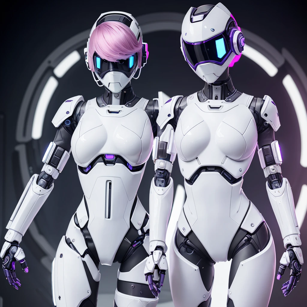 a girl with a sleek and attractive robotic body, featuring high-tech components. She has short pink hair, purple eyes, and an angry expression. She is wearing a mask that partially obscures her face, with her polished mechanical limbs and torso emphasizing her allure despite her intense emotions. ((white cyber masker)), ((body position standing upright)), close up,1girl