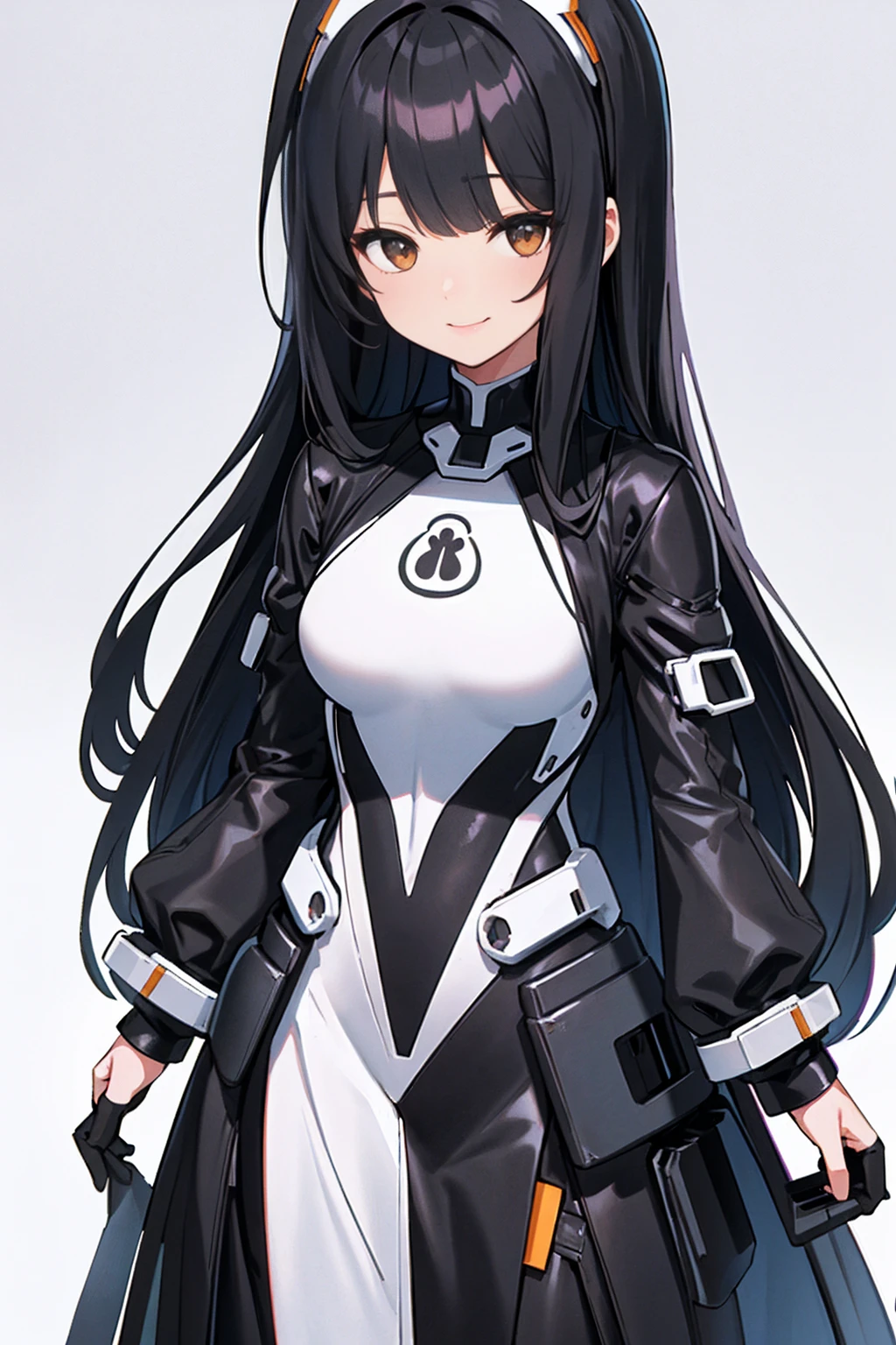 whole body,Standing posture, (alone,Beautifully arranged hair,Hime cut,Black Hair,Long Straight Hair,) (One girl, Normal milk), (beautifully drawn face:1.2) (Plug Suit:1.3,Black clothes) smile,Cool pose,(White background)