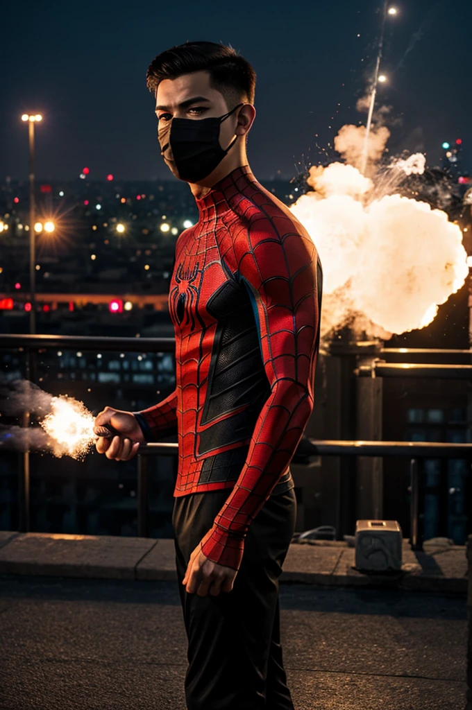 ((best quality)), ((masterpiece)), (detailed)), plain black t shirt, wearing Spider-Man mask , at stadium terrace, holding flare