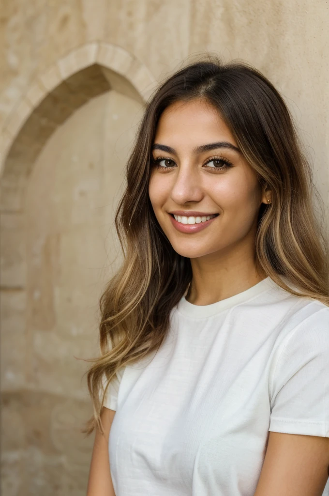 24YO, one attractive Jordanian women, cute smile, white teethes, skinny face, green shirt, light brown eyes, small nose, black/blonde long hair