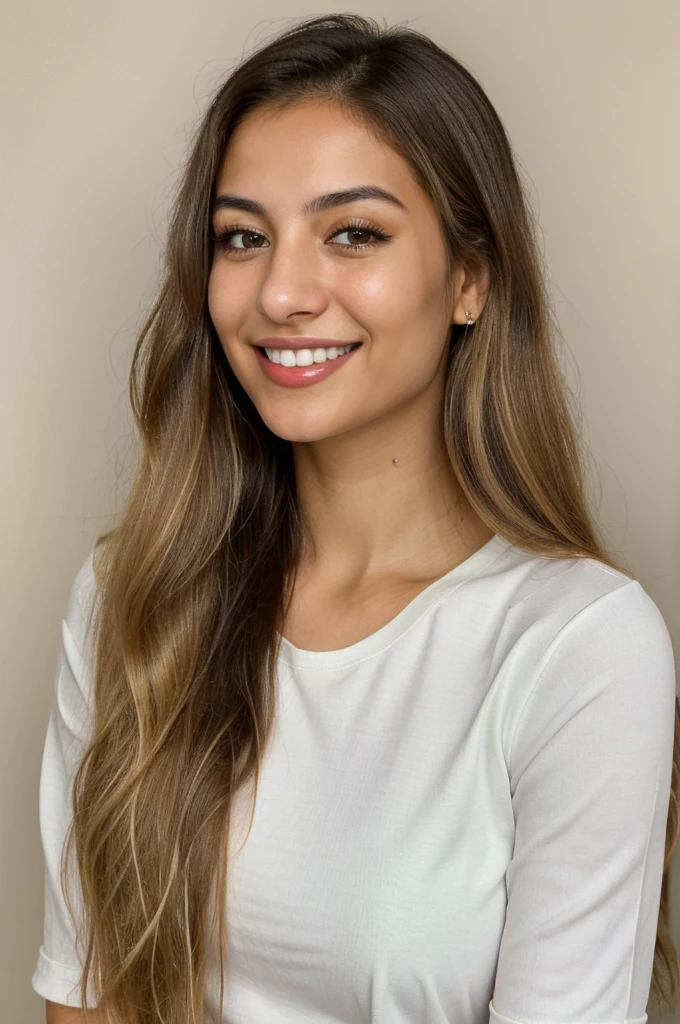 24YO, one attractive Jordanian women, cute smile, white teethes, skinny face, green shirt, light brown eyes, small nose, black/blonde long hair