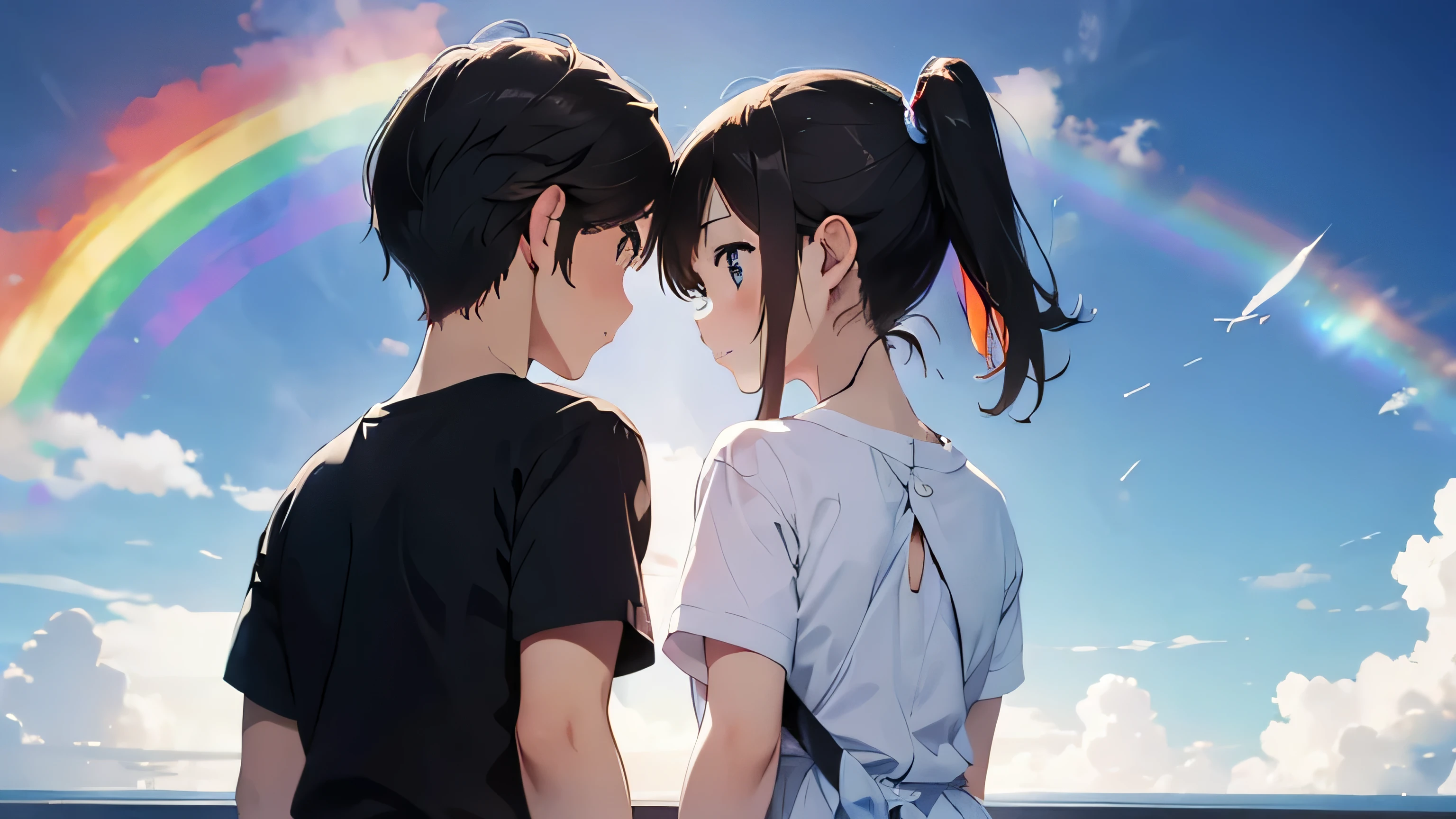 There is a beautiful rainbow。Back view of a girl and boy