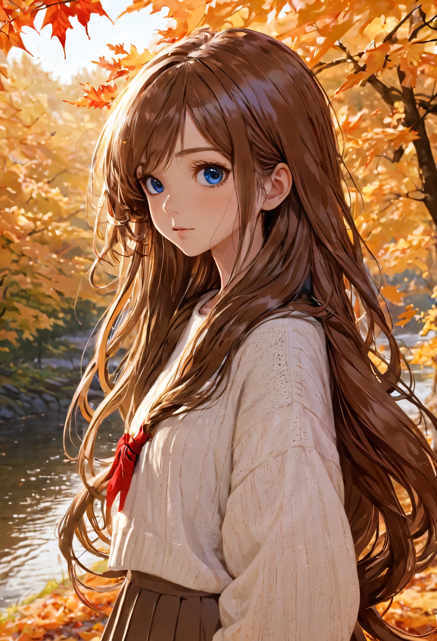 (masterpiece), Highest quality, Super detailed, figure, Warm lighting, Soft lighting, Bright colors, 1 Girl, alone,( beautiful girl, Long Hair, blue eyes, ribbon, Brown Hair, Hair between the eyes, hair ribbon, Side Lock, very Long Hair, Messy Hair,) , autumn, Lots of maple trees, maple leaf, Golden Leaf, autumn leaves, Dry leaves, river,  Fresh air,  peace, Cool breeze , Sweater Weather,( Wear a white or brown sweater, Red scarf, melancholyなautumn, Lost in Thought, melancholy, sad ,Worried, longing,)