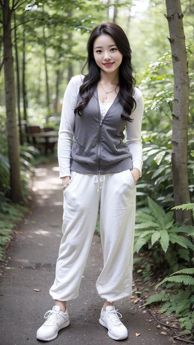 masterpiece, best quality, Surreal, Ultra Detailed, 8k resolution, RAW photos, Clear focus,Beautiful Korean woman, 36 inch chest size, Smile, Wearing a patterned vest, necklace,Long sweatpants,Full body posture, White shoes,Solitary, Perfect body, Become a,(a charming smile:1), (sexy pose),(A girl in the forest),