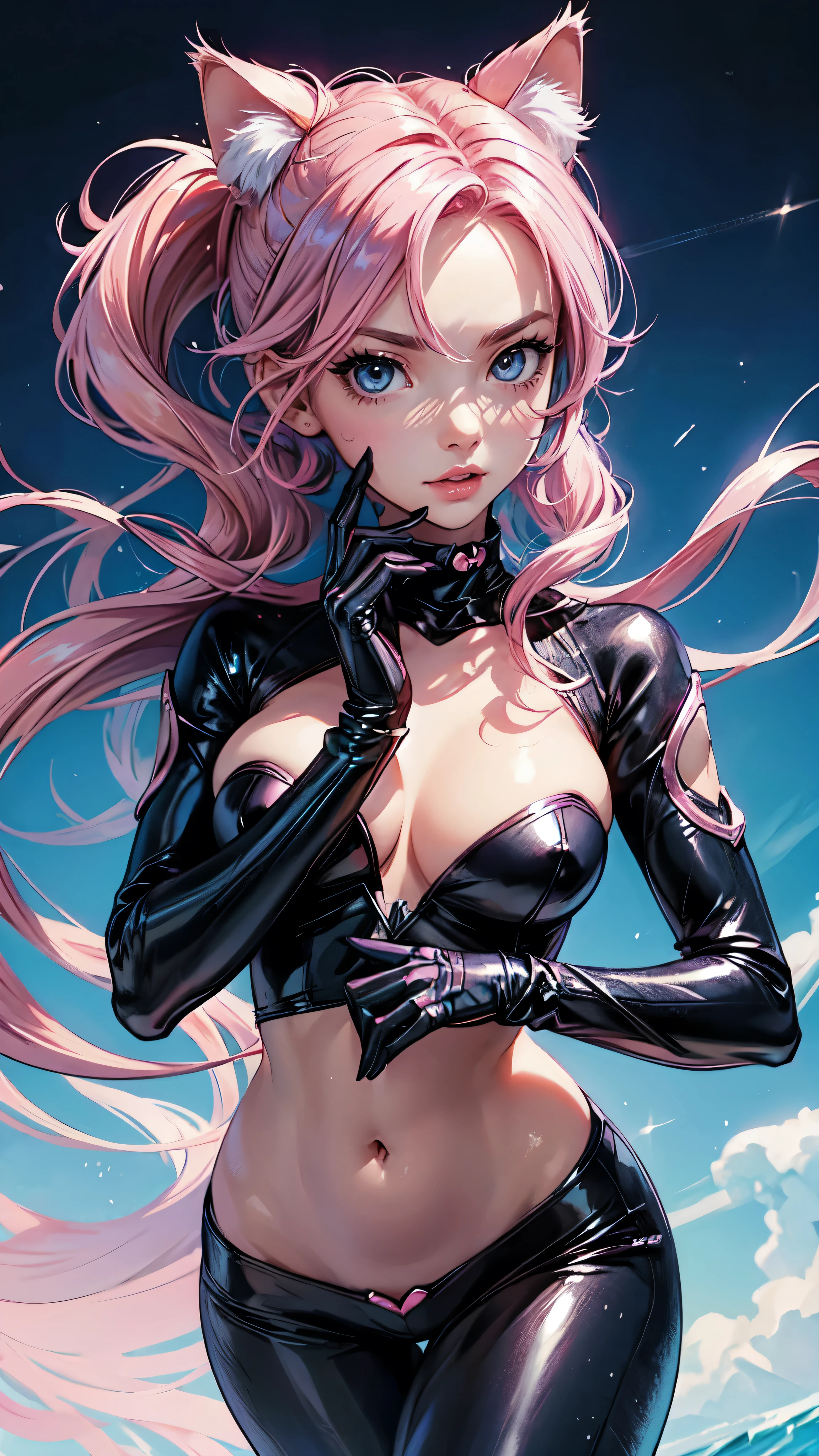 cat woman, dressed in pink, cat eyes, sexy pose, half naked, cute blue eeys, sweet breasts, detailed face, detailed eyes, detailed hands, anime cuttie, pink hair, detailed hands
