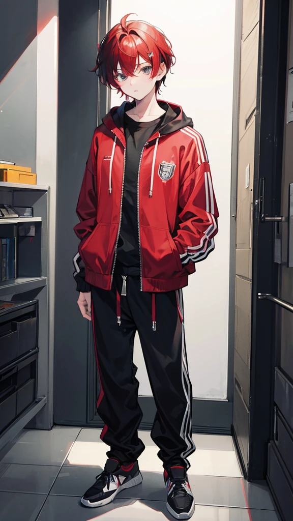 An illustration of a cool 15-year-old boy with 90% black and 10% red hair, wearing a tracksuit with the zipper open