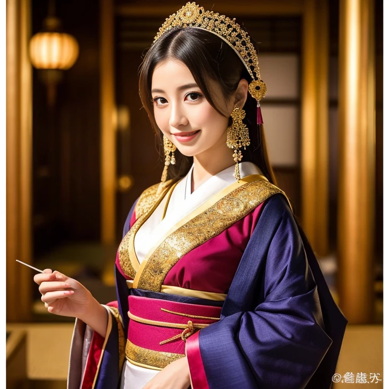 ((top-quality、masutepiece、8K、Top image quality))、classic japanese goddess、(Classic Japanese majestic goddess:1.3)、(The most luxurious and intricate goddess costumes:1.3)、(A perfect depiction of a majestic and classic goddess:1.3)、(classic ancient japanese goddess:1.5)、Complete ancient Japanese atmosphere、the best smile when you look at me、The most beautiful goddesseost gorgeous goddess costume、The most gorgeous ancient Japanese costumes、Complex and gorgeous backgrounds、The most gorgeous and dazzling goddess、Goddess upper body photo