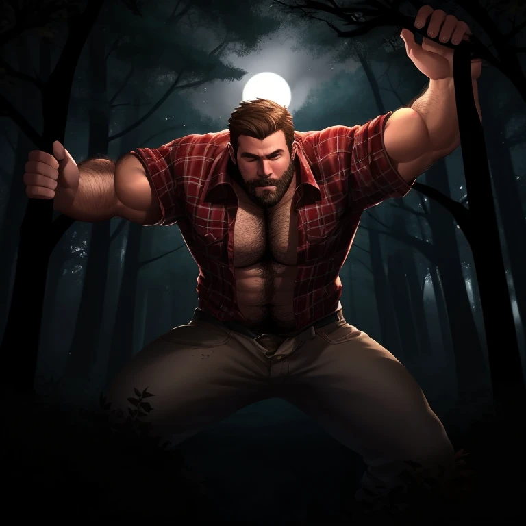 a male (Human) lumberjack in a forest at night under a full moon, detailed facial features, muscular build, rugged facial features, tattered clothes, leaves and branches, moonlit forest, realistic skin texture, dynamic pose, dramatic lighting,Red Plaid Shirt, Burly, Hairy,