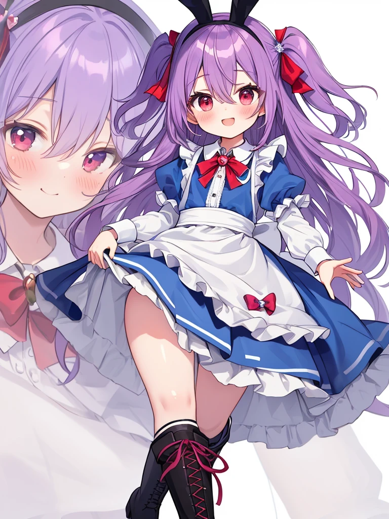 (masterpiece, best quality:1.4), detailed skin, detailed face, Alice(Alice in Wonderland), cute face, , 12-yo,
1girl, length hair, Red eyes, happy smile, (purple hair), (two side up), (shiny wavy hair), the bow, white gothic dresses, crinoline, (Very big rabbit ears, hairband), long-sleeves, red blush, the bow hair, Hair Between Eyes, Hose, Puffy Ses, Apron Dress, frilled, purple hem dress, wrist cuffs, neck ribbon, ((brooch)), buckle, ankle boots, flustered, (((girly running))),
wonderland, simple background,