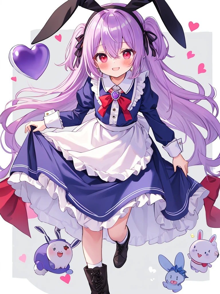 (masterpiece, best quality:1.4), detailed skin, detailed face, Alice(Alice in Wonderland), cute face, , 12-yo, 
1girl, length hair, Red eyes, happy smile, (purple hair), (two side up), (shiny wavy hair), the bow, white gothic dresses, crinoline, (Very big rabbit ears, hairband), long-sleeves, red blush, the bow hair, Hair Between Eyes, Panties Hose, Puffy Sleeves, Apron Dress, frilled, purple hem dress, wrist cuffs, neck ribbon, ((brooch)), buckle, ankle boots, flustered, (((girly running))), 
wonderland, simple background,