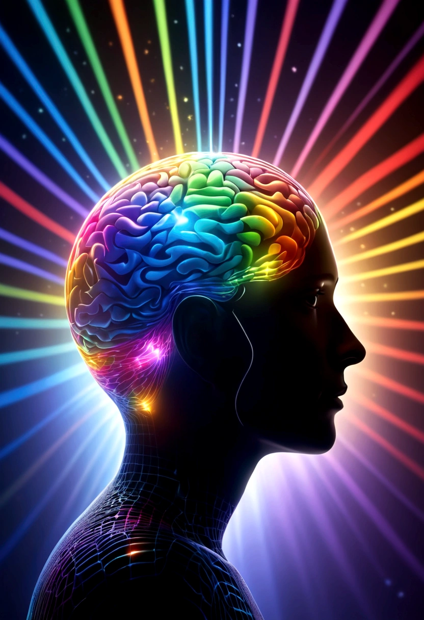 a close up of human mind illustration with rays around, cinematic lighting, glowing light, three sided view, perspective, Pixar, Surrealism, silhouette, cinematic lighting, image fill, from side, atmospheric perspective, Op art, Abstractionism, drop shadow, ray tracing, motion lines, Conceptual art, Pixar, Op art, Color Field painting, Op art, 360 view, three sided view, photomosaic, UHD